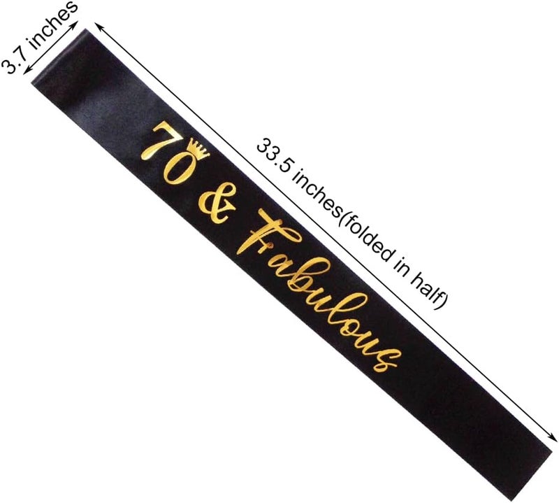 Docooniver 70th Birthday Sash for Women and Men 70&Fabulous Sash Black with Gold Foil Lettering - Image 3